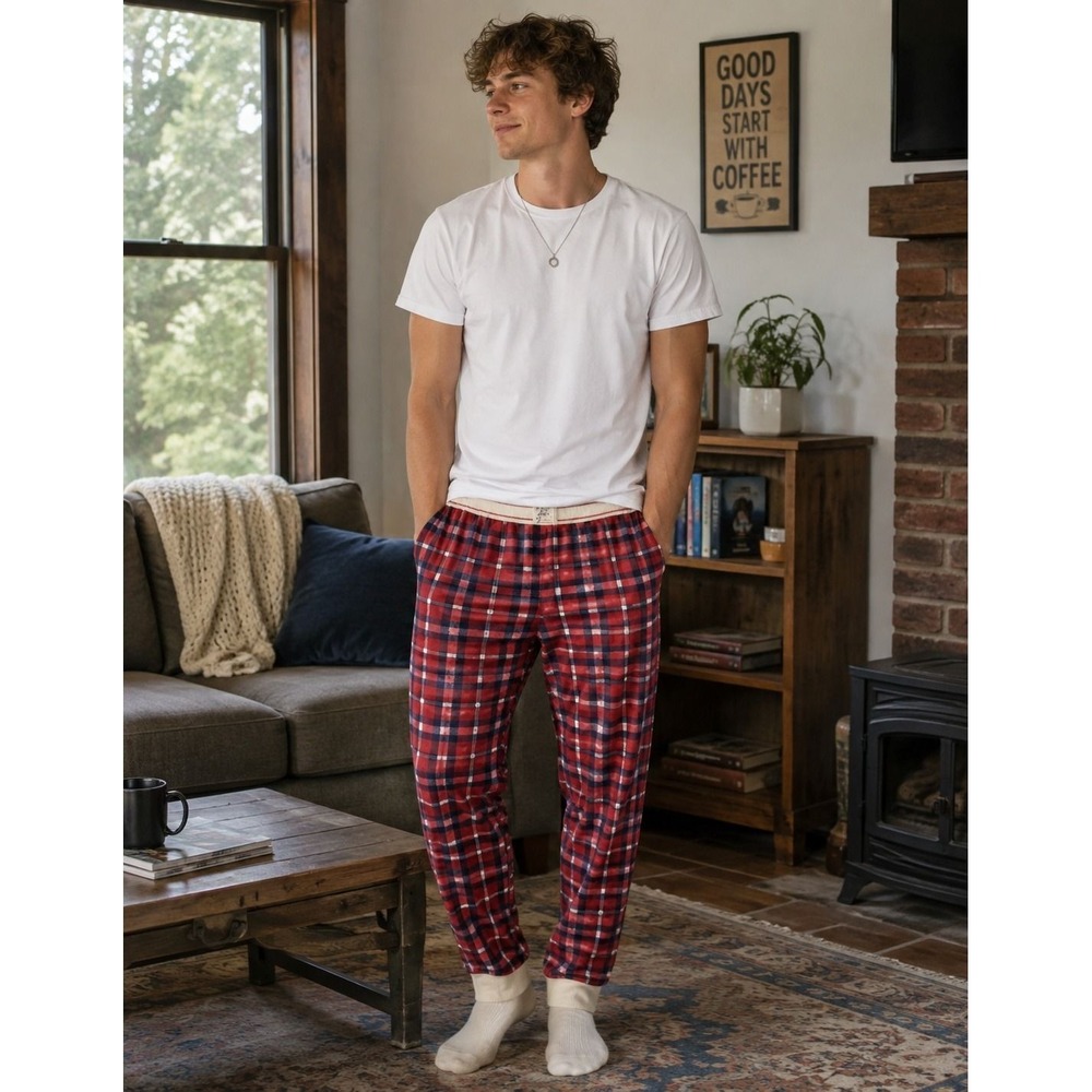Mens Red Plaid Flannel Jogger Pajama Pants Sleepwear Loungewear